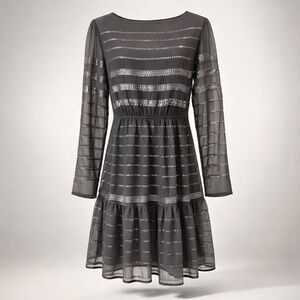 Hoss Intropia silky sequin dress, long sheer sleeves, gray/silver, 36, EUC